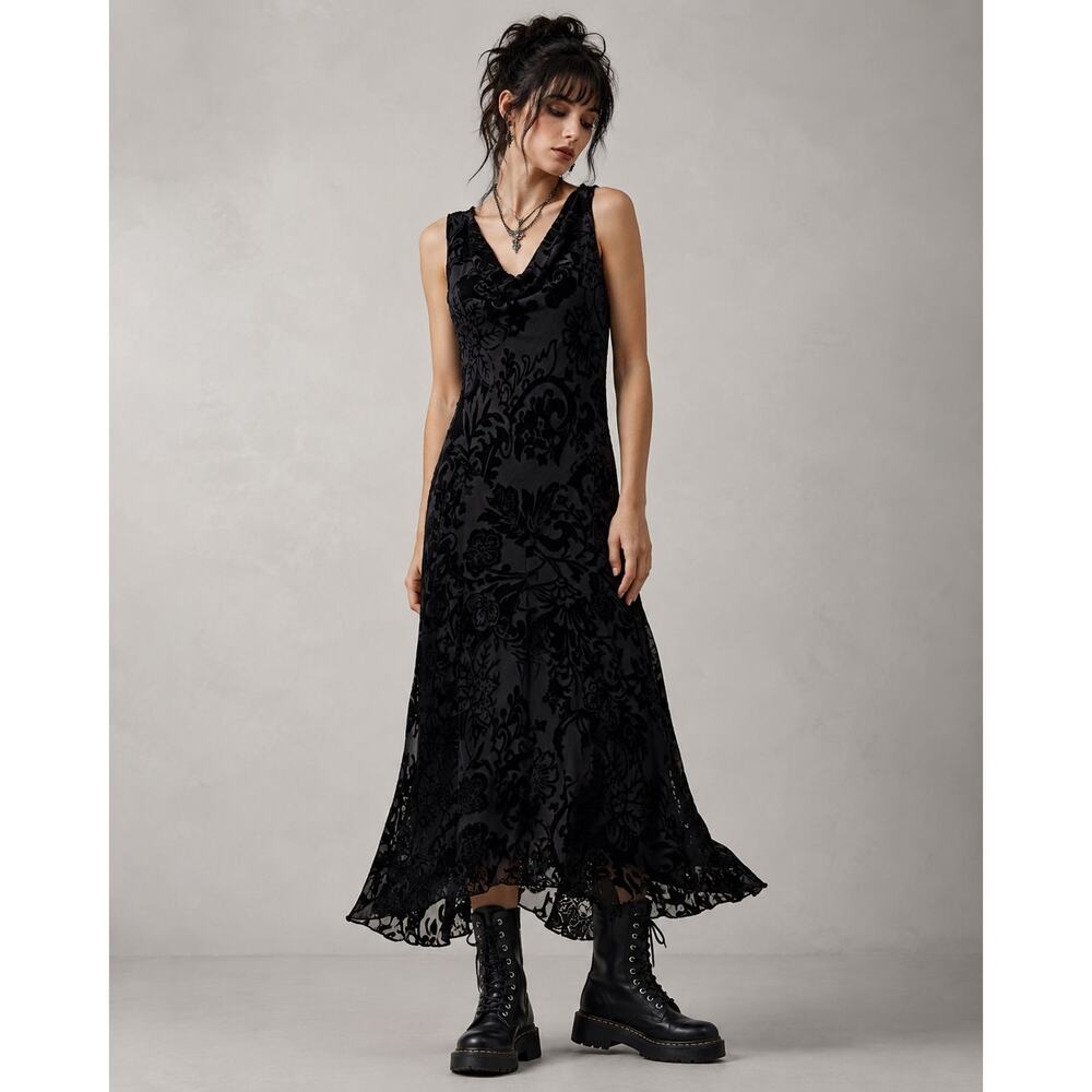Y2K Blk Velvet Burnout Floral Maxi Dress Fairy Grunge Whimsygoth Sheer Cowl Neck